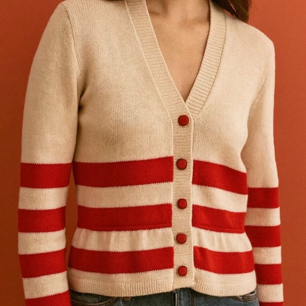 Vintage St. John for Saks Fifth Avenue Beige & Red‎ Striped Knit Cardigan SZ 2